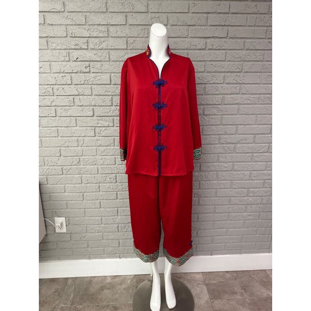 Cabaret Women Red Satin Oriental Style Floral Pant Lounge Sleepwear Set Size M